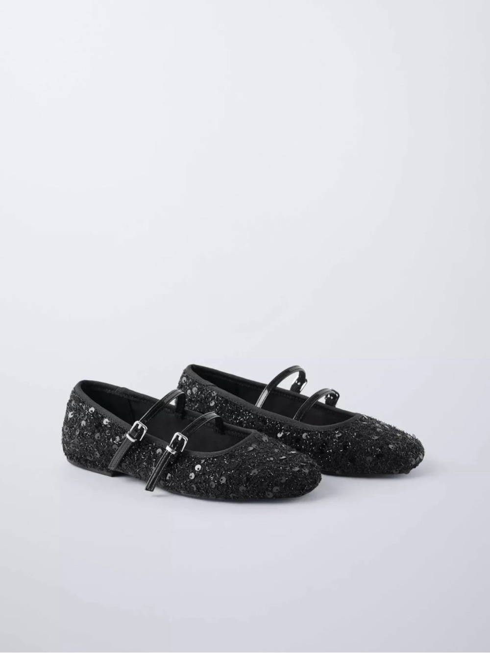 Zara Sequin Mary Jane Flats Black Sparkle Ballet Shoes Double Strap EU37 Party